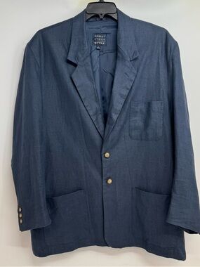 Vintage Robert Stock Style Size XL (46-48) Blue 100% Linen Sport Coat Blazer